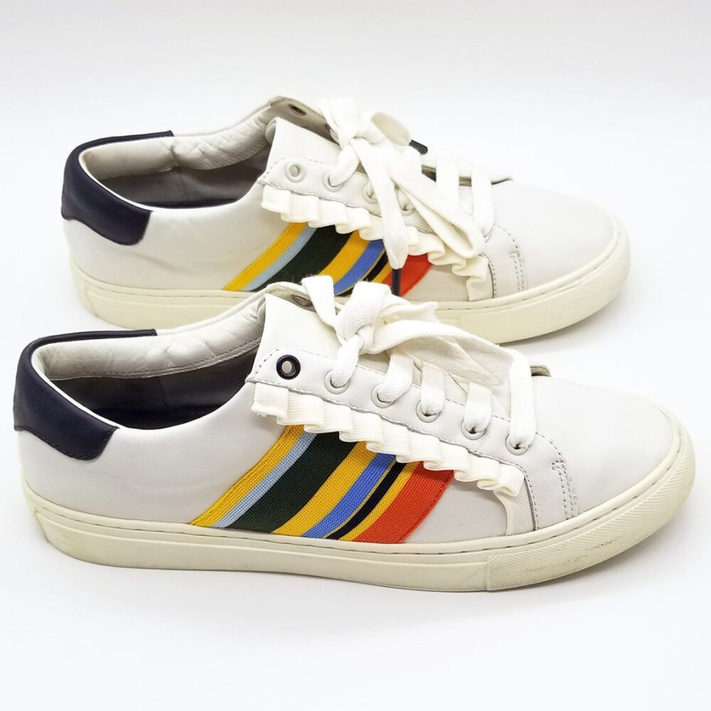 Tory Burch Sport Ruffled Rainbow Striped Leather Sneakers Size 9.5 Preppy $228 - Picture 10 of 16